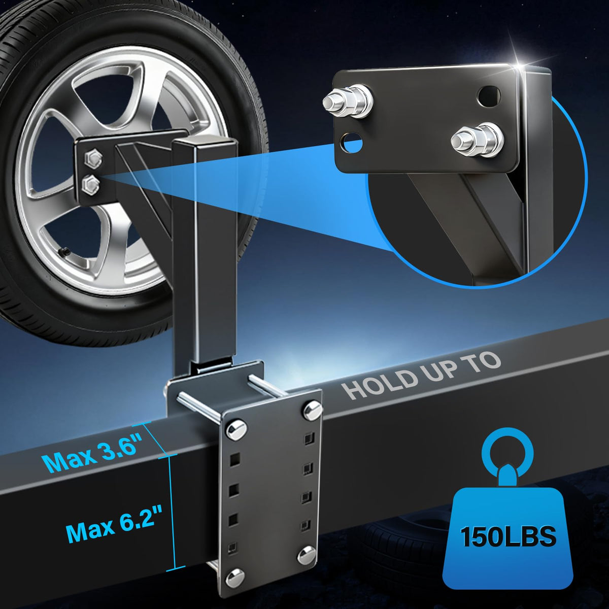 GADFISH mount holding a trailer wheel to showcase universal lug compatibility