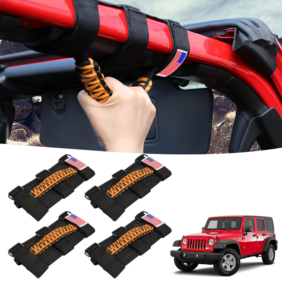 GAIZON front view of four orange grab handles showing compact package and fit benefit
