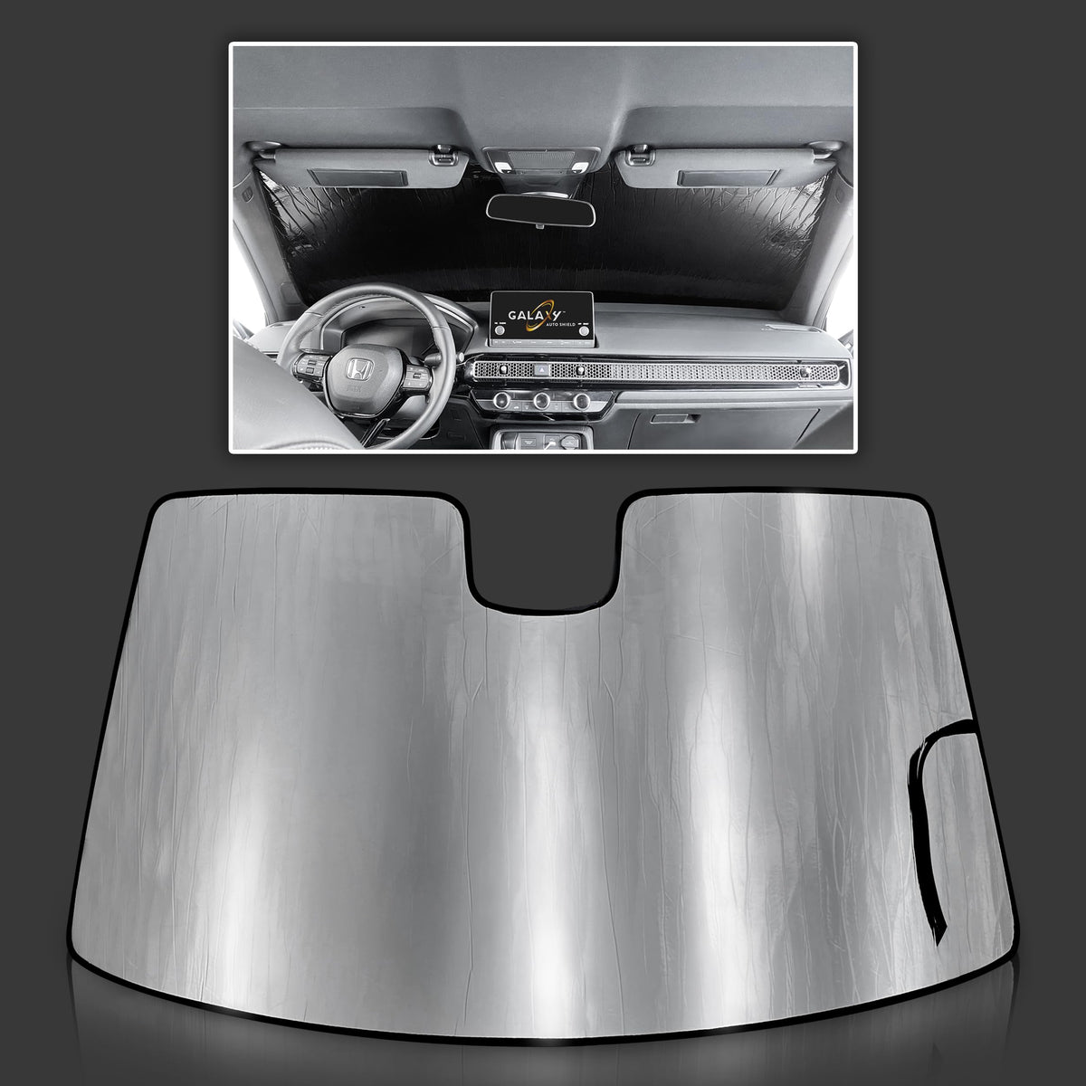 Galaxy Auto Shield front view showing full windshield coverage and neat fit