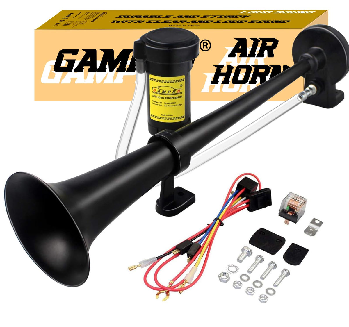 GAMPRO front trumpet view showing chrome finish and loud projection benefit