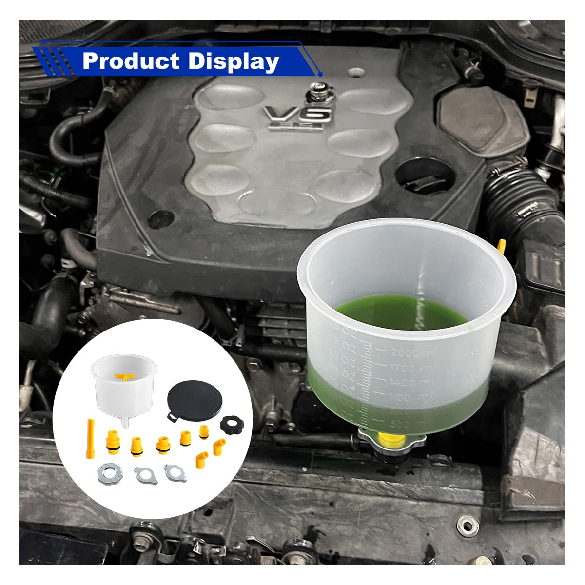 GAOLAOSY funnel connected in an engine bay showing ease of use and spill prevention benefit