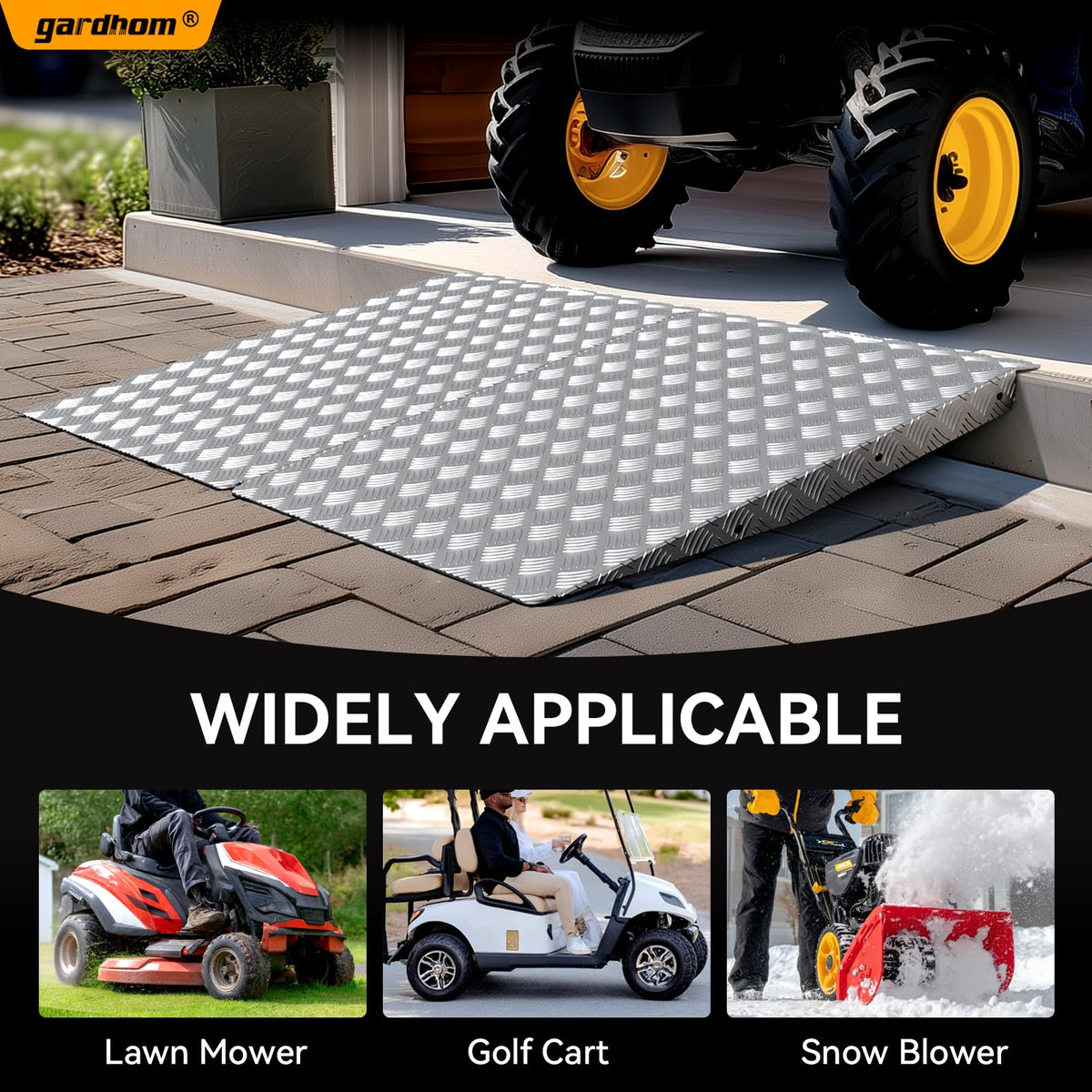 gardhom lifestyle shot with rider driving mower up ramps for effortless garage storage