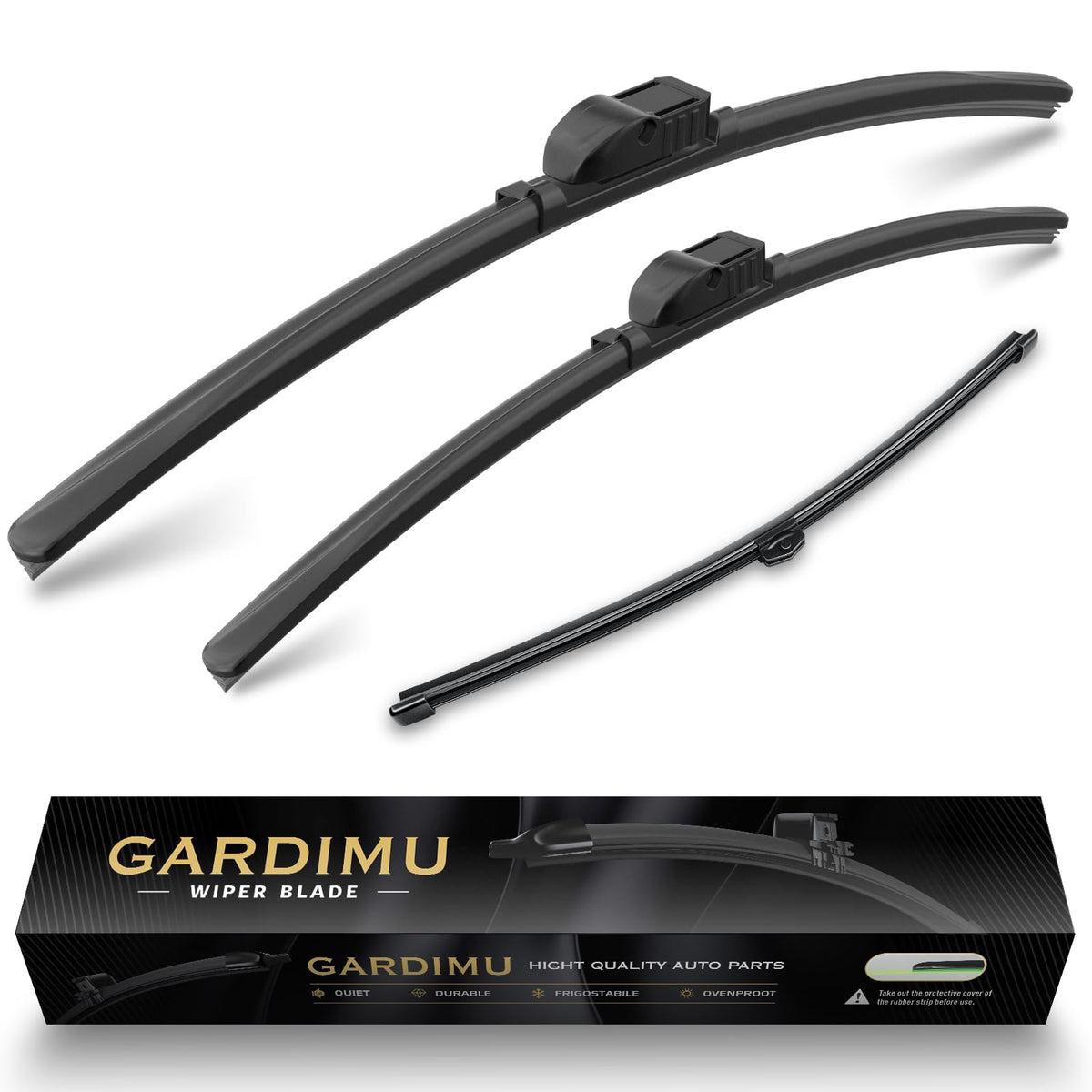 GARDIMU packaging showing front and rear wiper set and benefit clear replacement