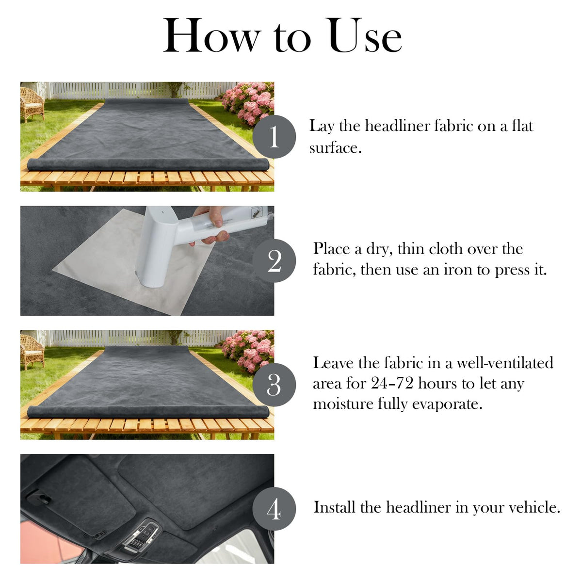 Garifon headliner size comparison showing 72×60 scale for vehicle compatibility