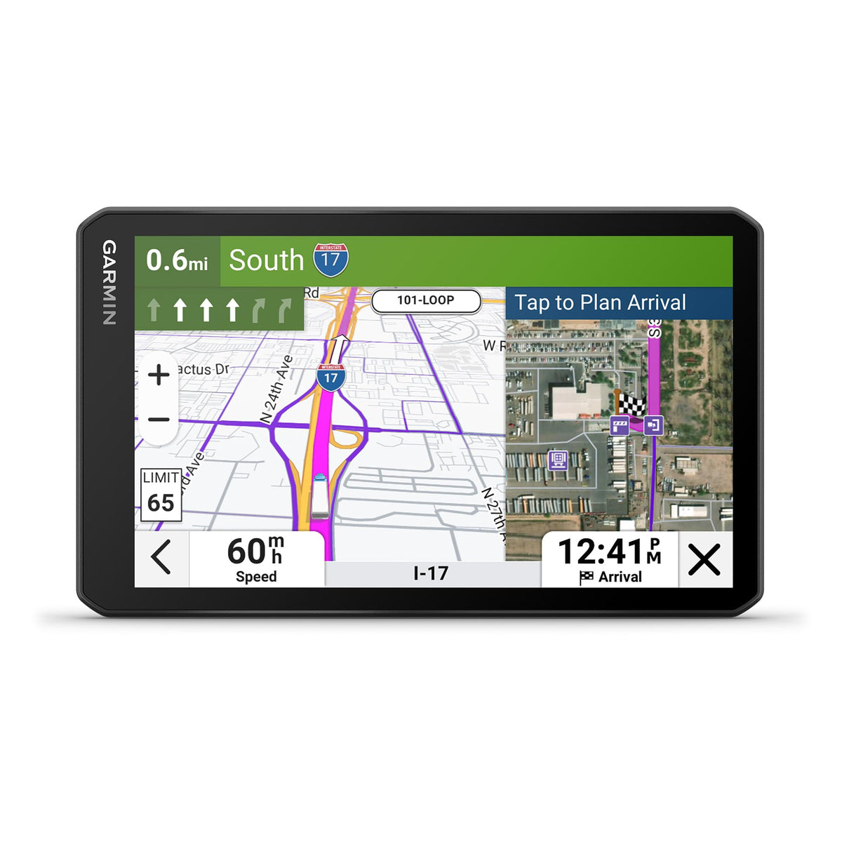 Garmin dēzl OTR720 front display showing large clear truck map for quick viewing