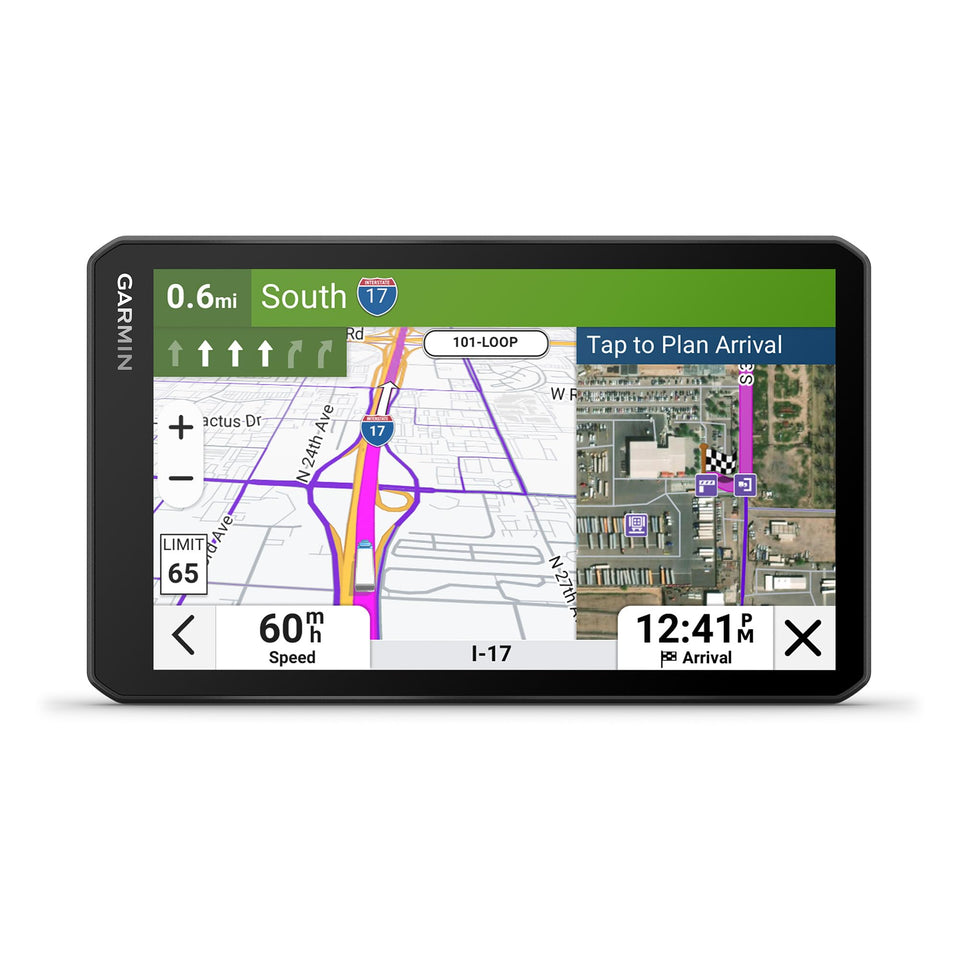 Garmin dēzl OTR720 front display showing large clear truck map for quick viewing