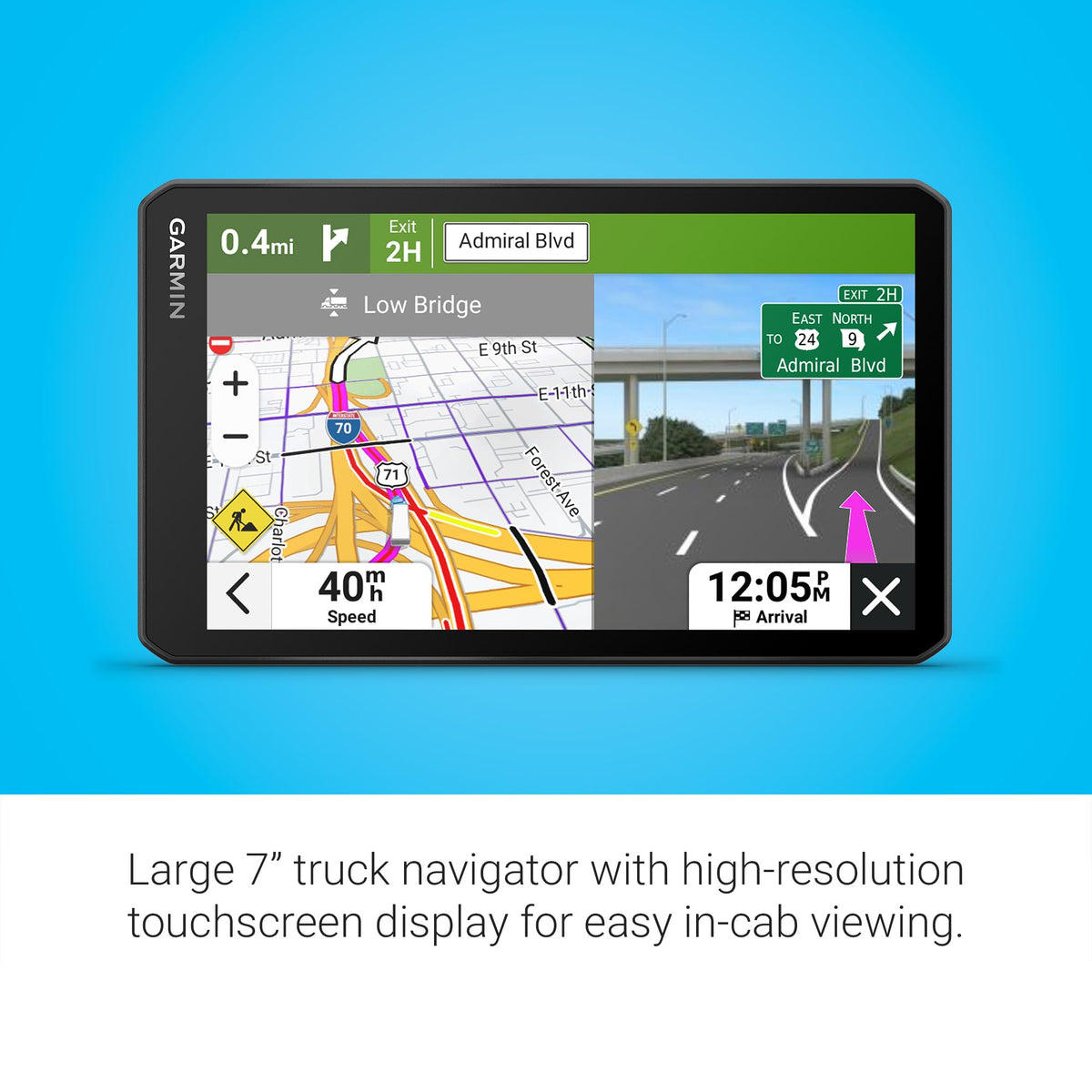 Garmin dēzl OTR720 mounted in a truck cab demonstrating easy glanceable navigation