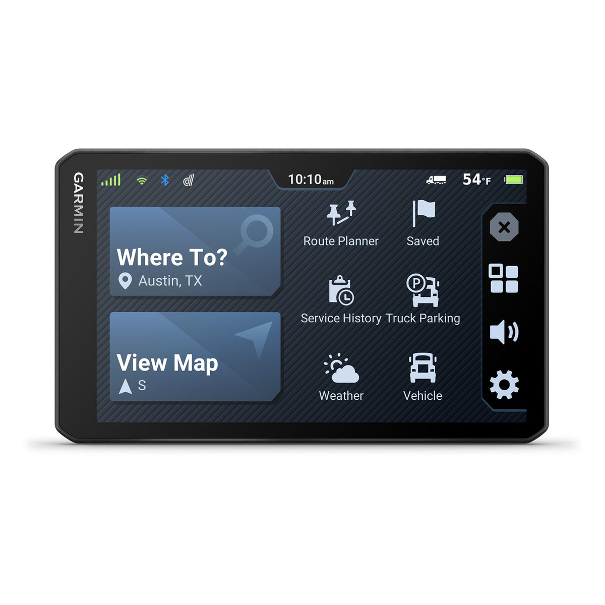 Garmin dēzl OTR720 close-up touchscreen showing truck-aware route details and icons