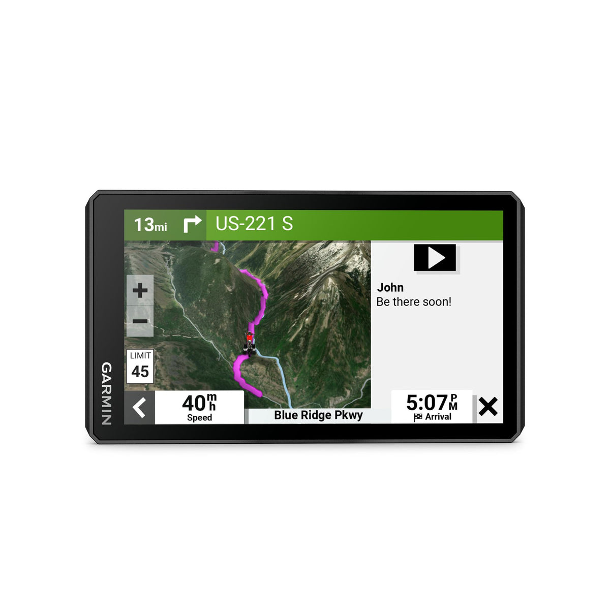 Garmin zūmo XT2 ride summary screen, shows speed and elevation