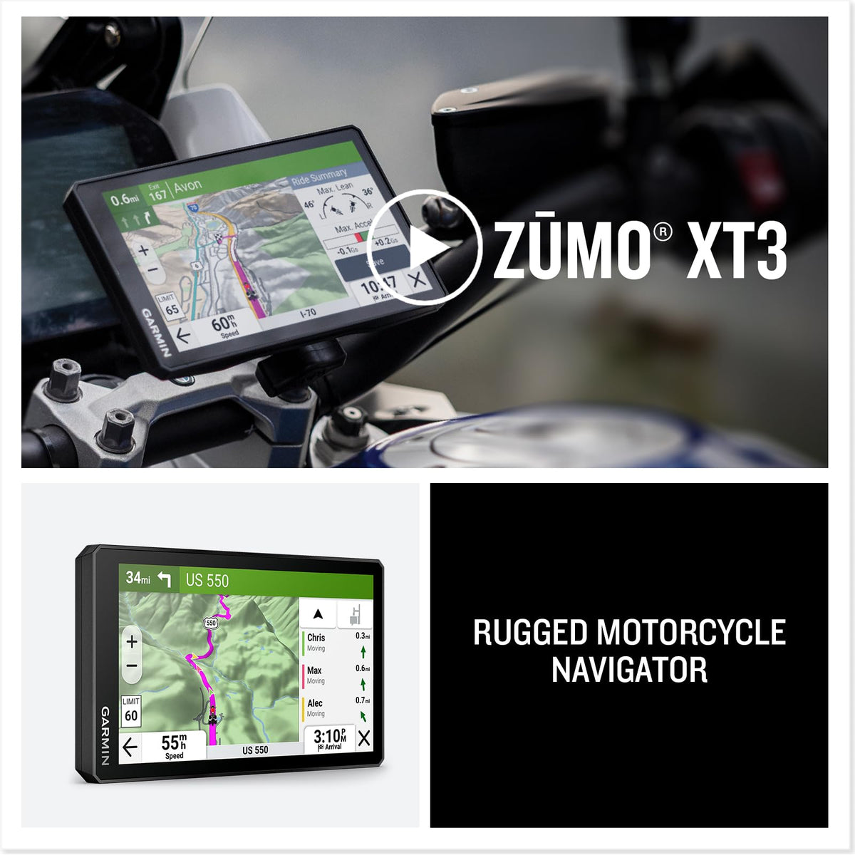 Garmin zūmo XT3 in rider hand on scenic road illustrating adventure navigation