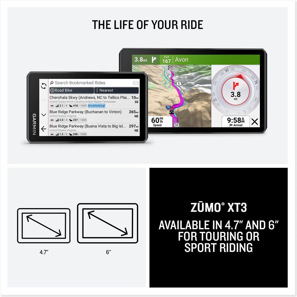 Garmin zūmo XT3 map view with popular moto paths highlighted for route choice