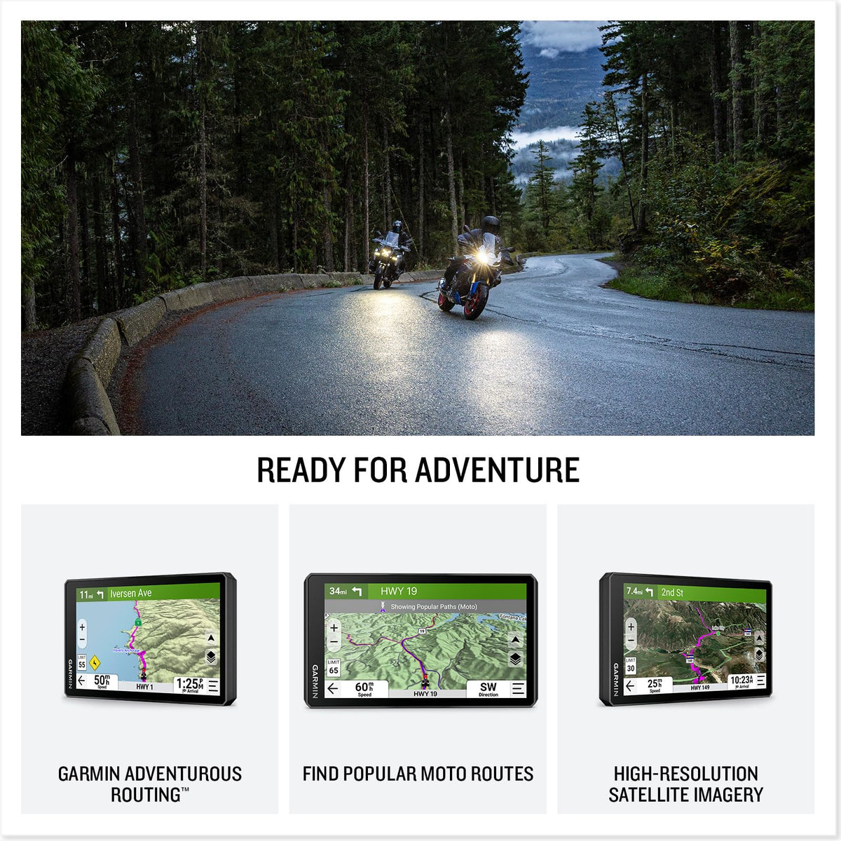 Garmin zūmo XT3 screen with downloadable satellite imagery for route preview