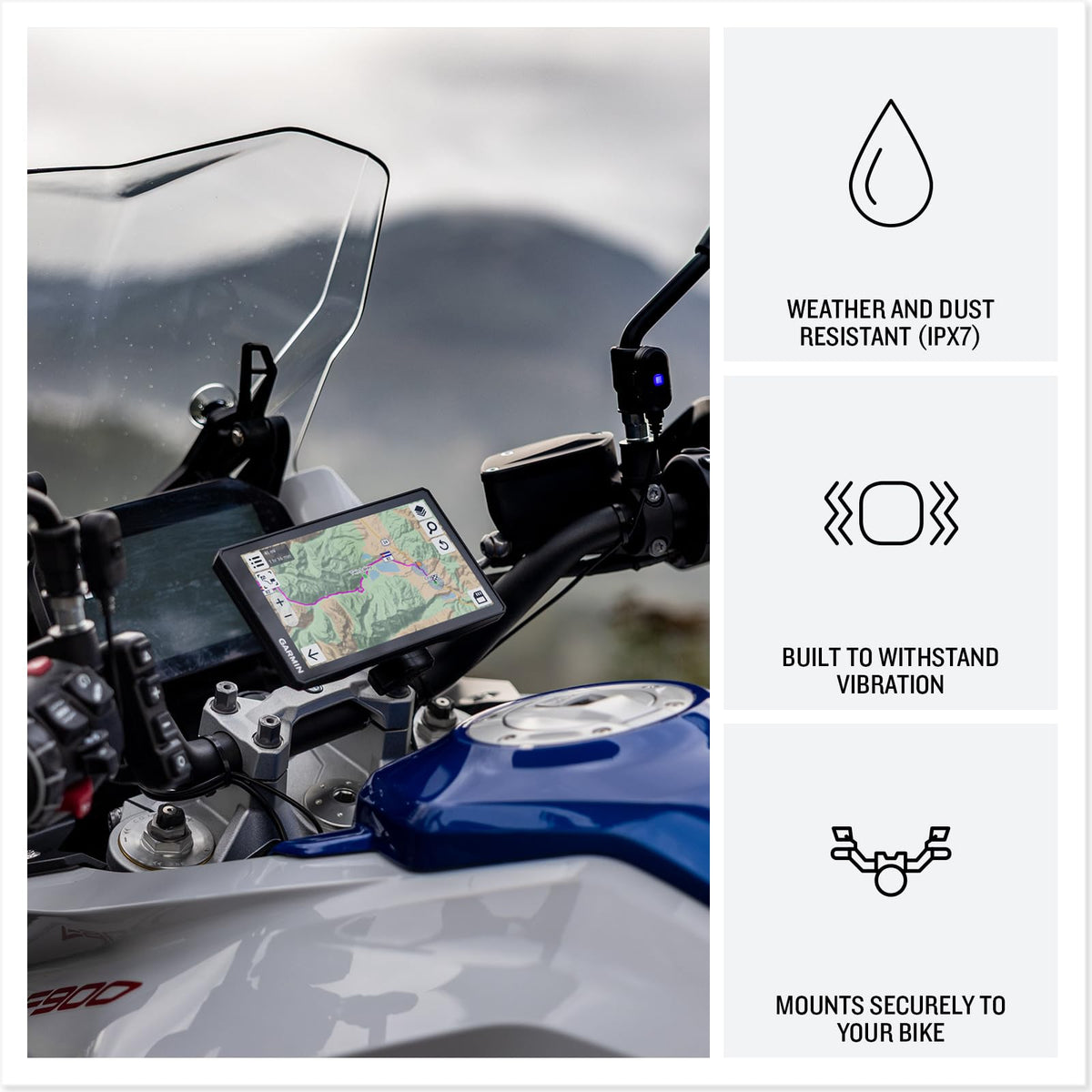 Garmin zūmo XT3 mounted on handlebars demonstrating vibration resistance