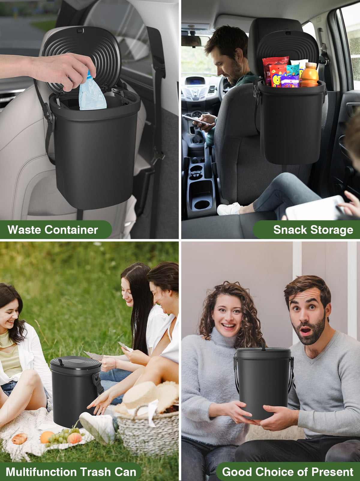 Garoopion attached to car headrest demonstrating secure anti-tip benefit