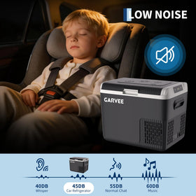 Garvee beside a tent in camping scene showing off-grid cooling convenience