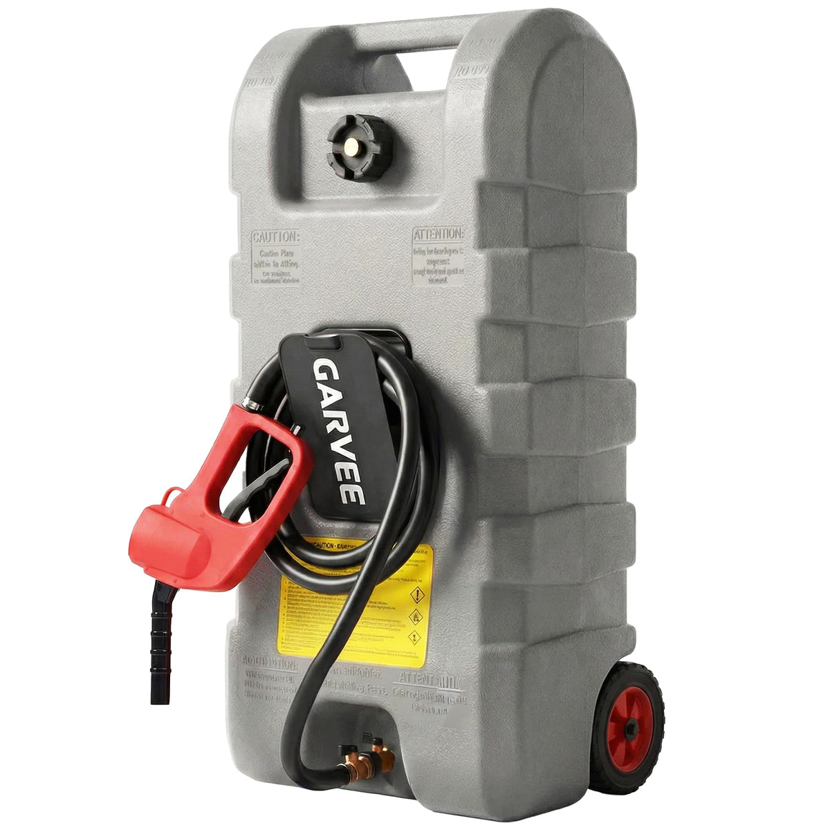 Garvee front view showing 15 gallon caddy and labels, durable storage benefit