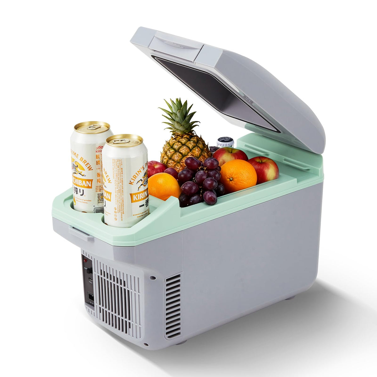 Garvee front view of compact cooler showing sleek gray-green design and portability benefit