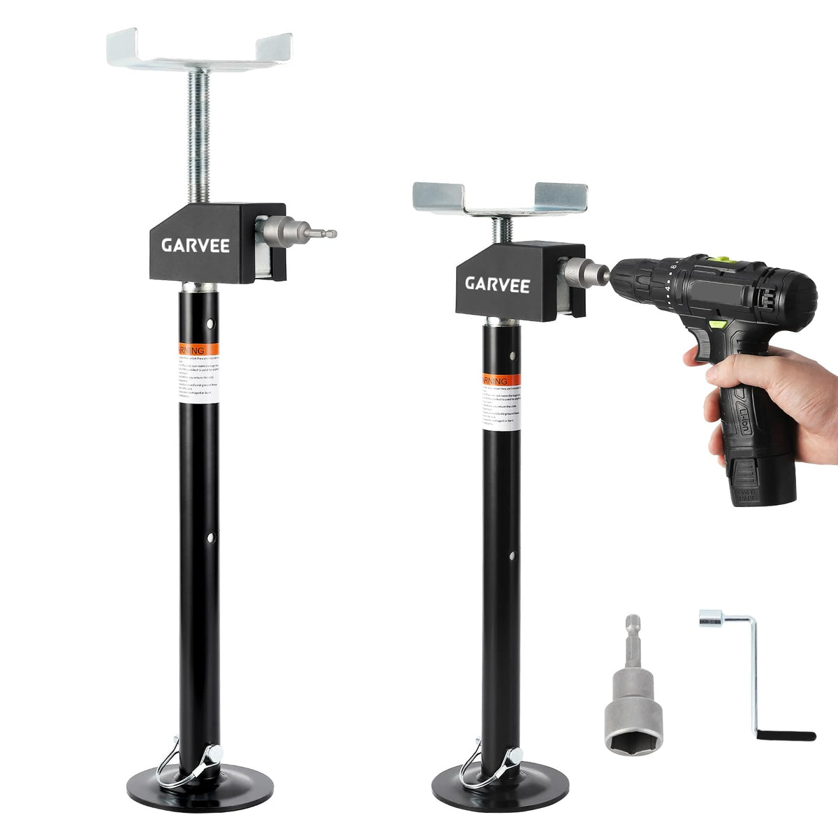 Garvee front view packaging showing both stabilizer jacks and tools for fast setup