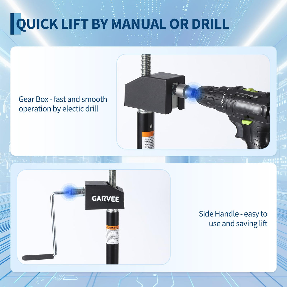 Garvee hand crank and drill socket demonstrating fast installation options