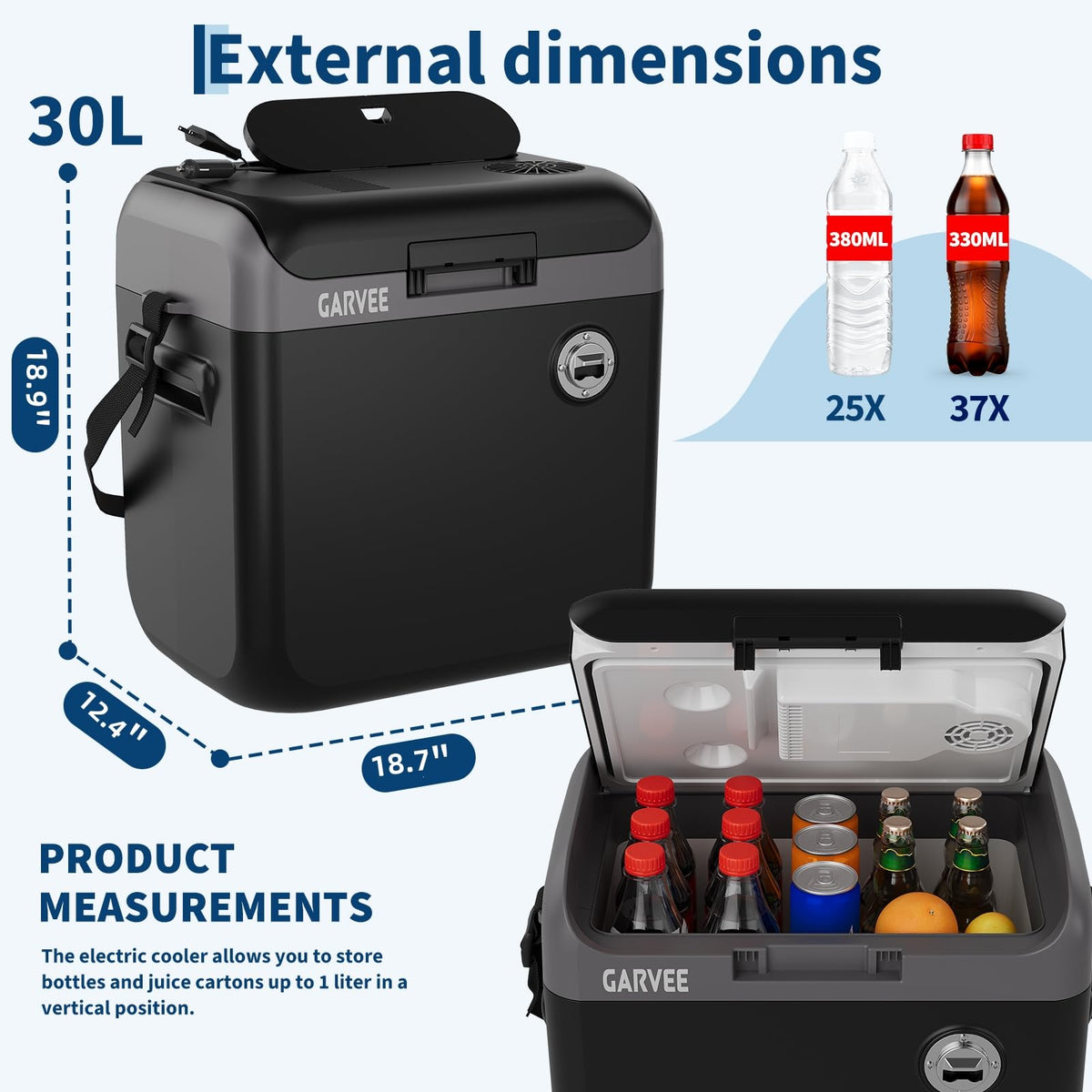 Garvee interior stocked with bottles demonstrating generous 30L capacity