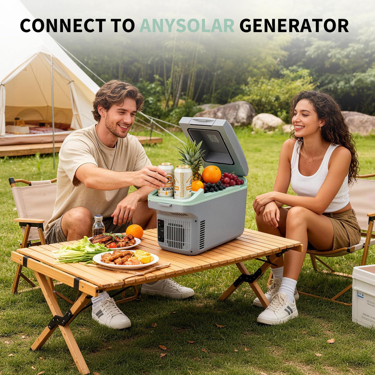 Garvee on picnic blanket with food showing outdoor meal convenience benefit