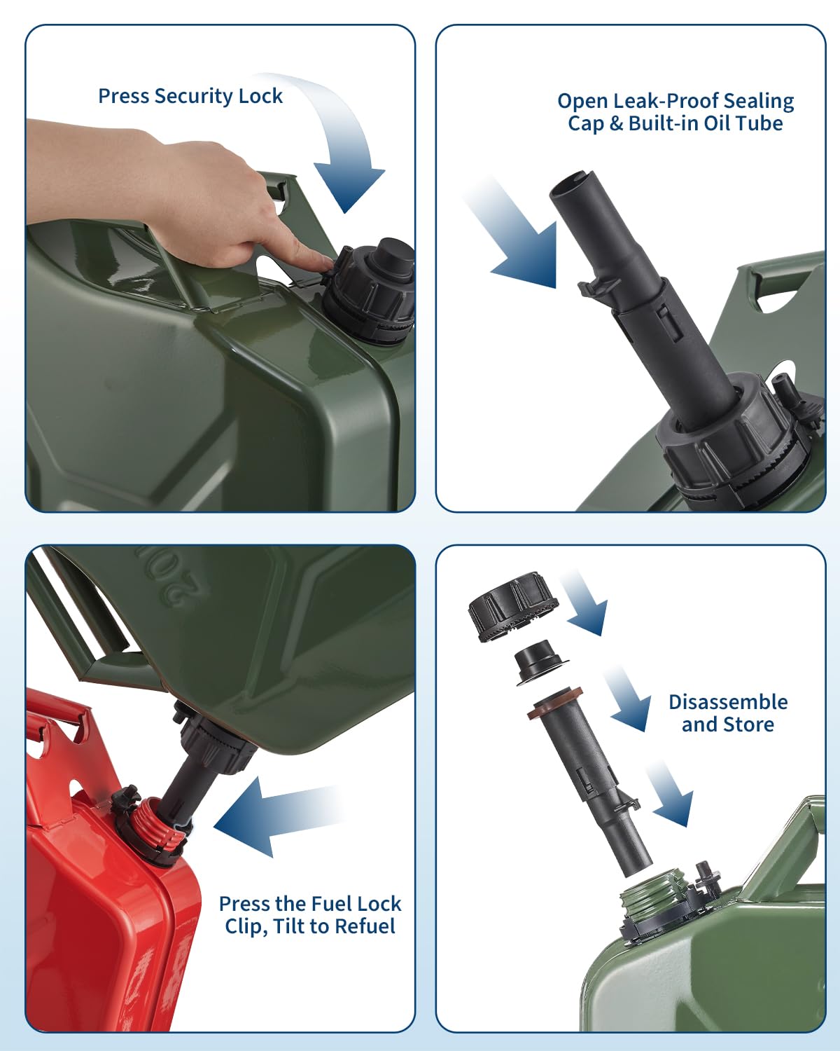 Garvee press-pour spout and extension tube enabling smooth fast refills