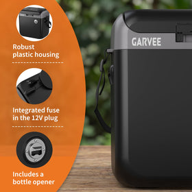 Garvee side panel with 12V and 110V cords showing versatile power options