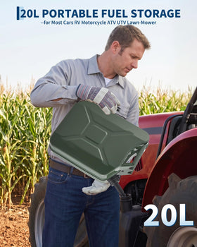 Garvee alongside a one-gallon container to show 20L capacity scale