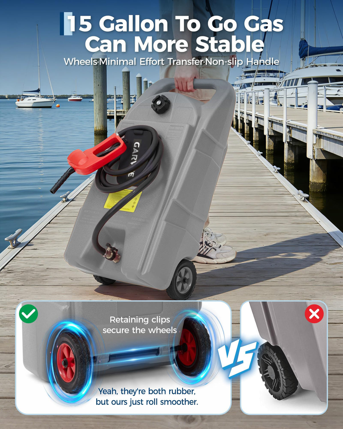 Garvee wheeled caddy side with six-inch wheels, enabling easy transport