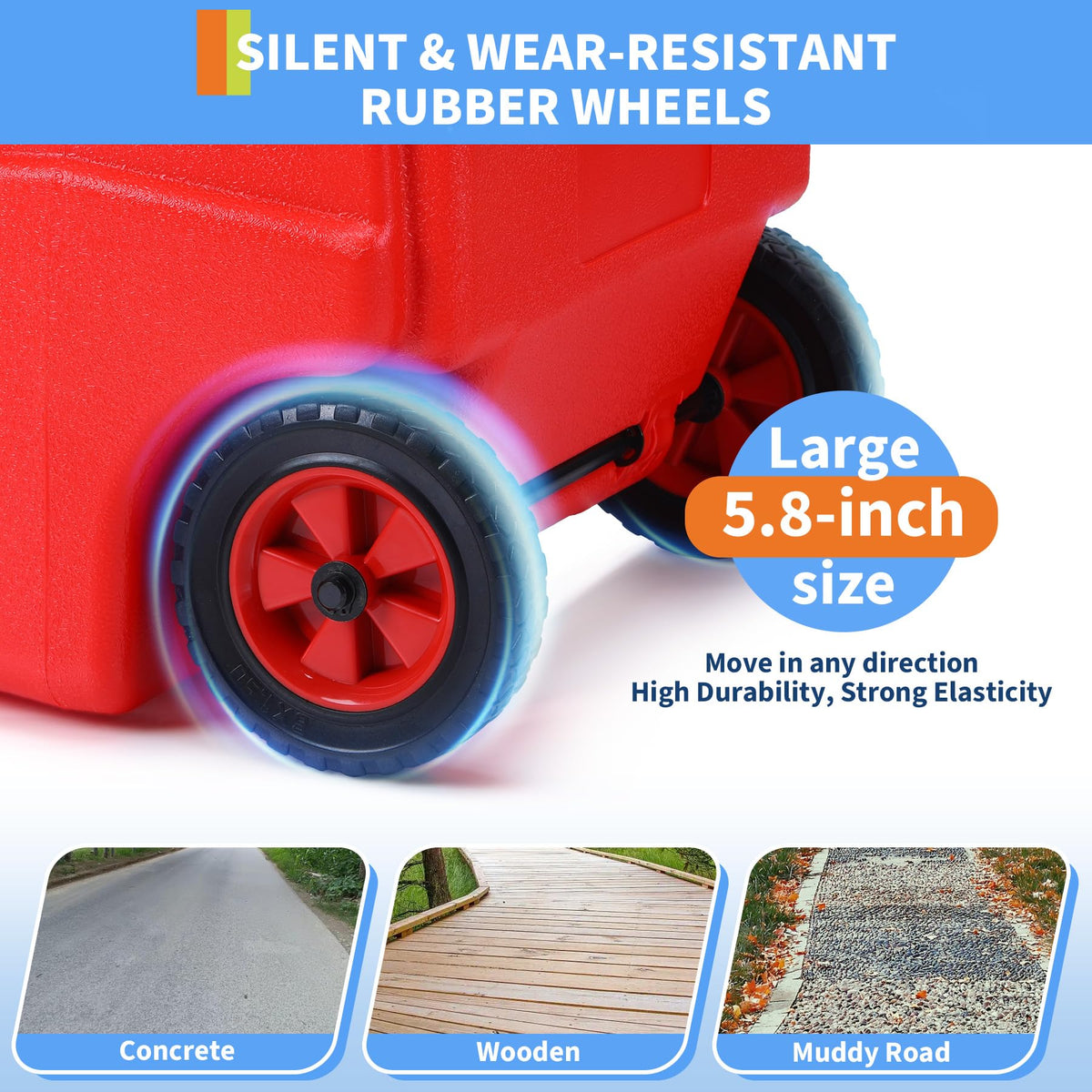 Garvee image of top handle and 6-inch wheels, easy transport across terrains