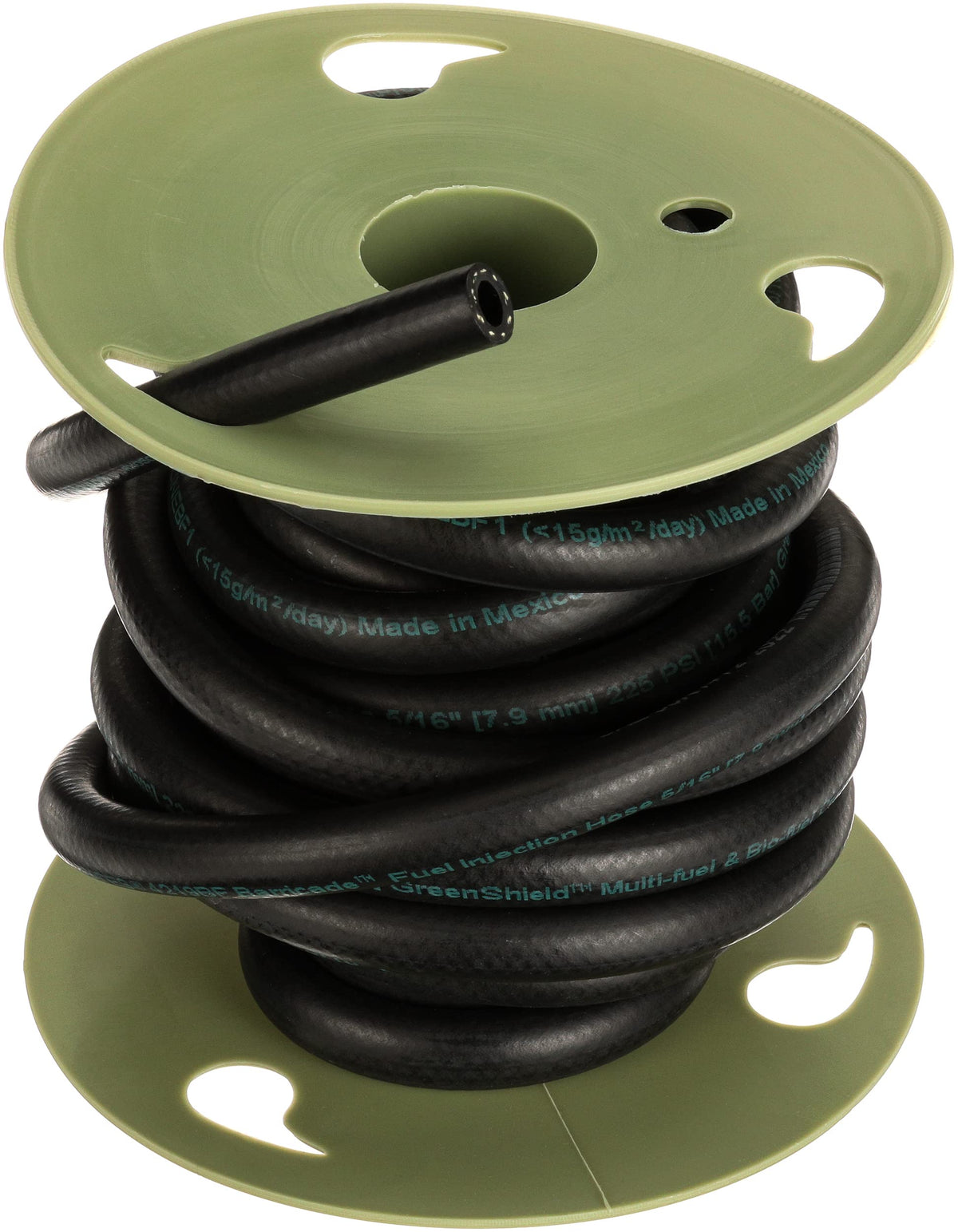 Gates Barricade hose front view showing 25-foot coil and labeling, demonstrating durable supply