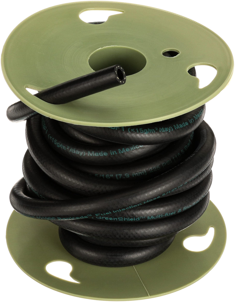 Gates Barricade hose front view showing 25-foot coil and labeling, demonstrating durable supply