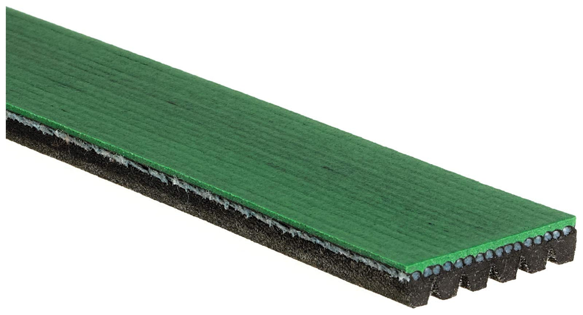 Gates FleetRunner green overcord close-up showing durable EPDM reinforcement and improved belt life