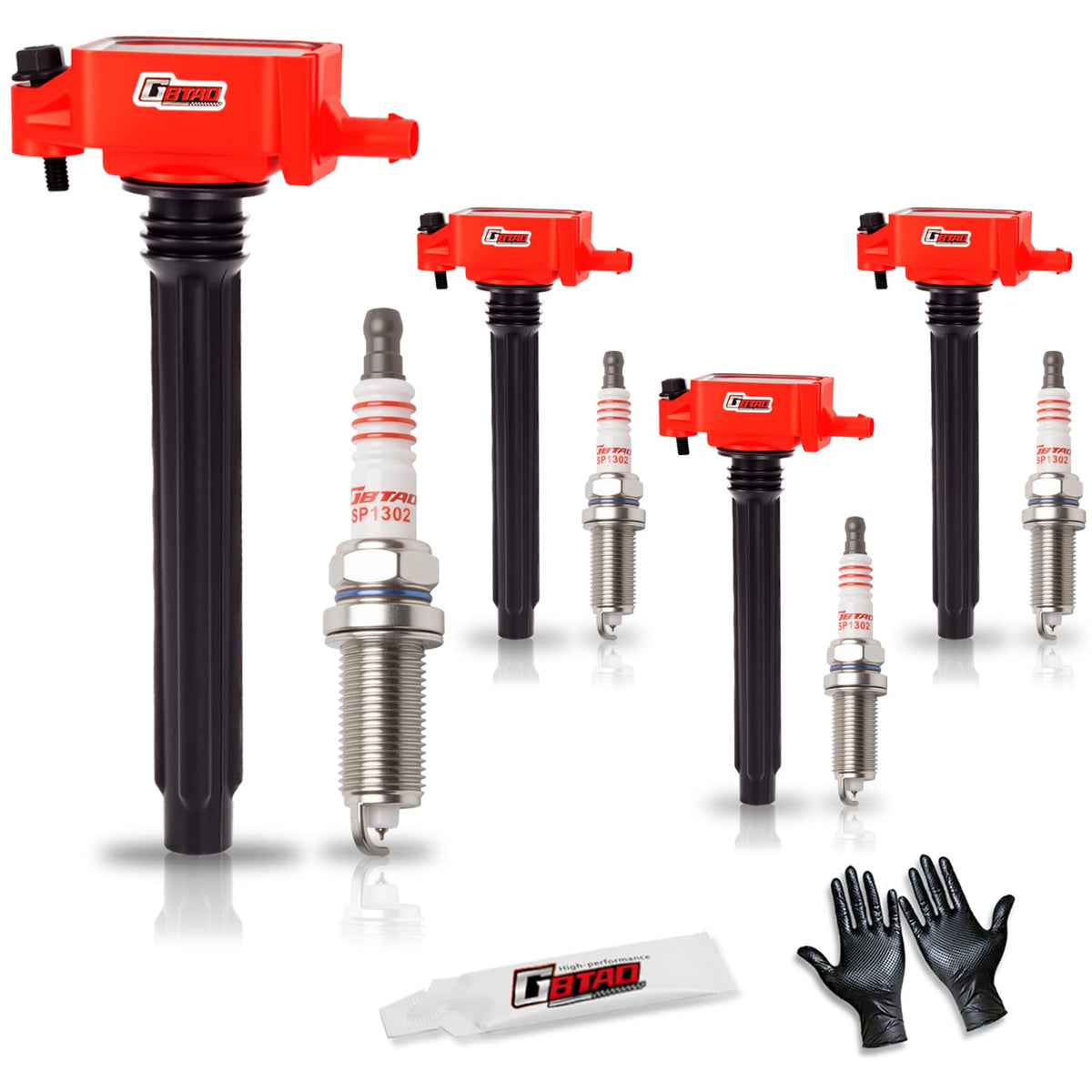 GBTAD front packaging showing coil pack and spark plug kit, clear fit information