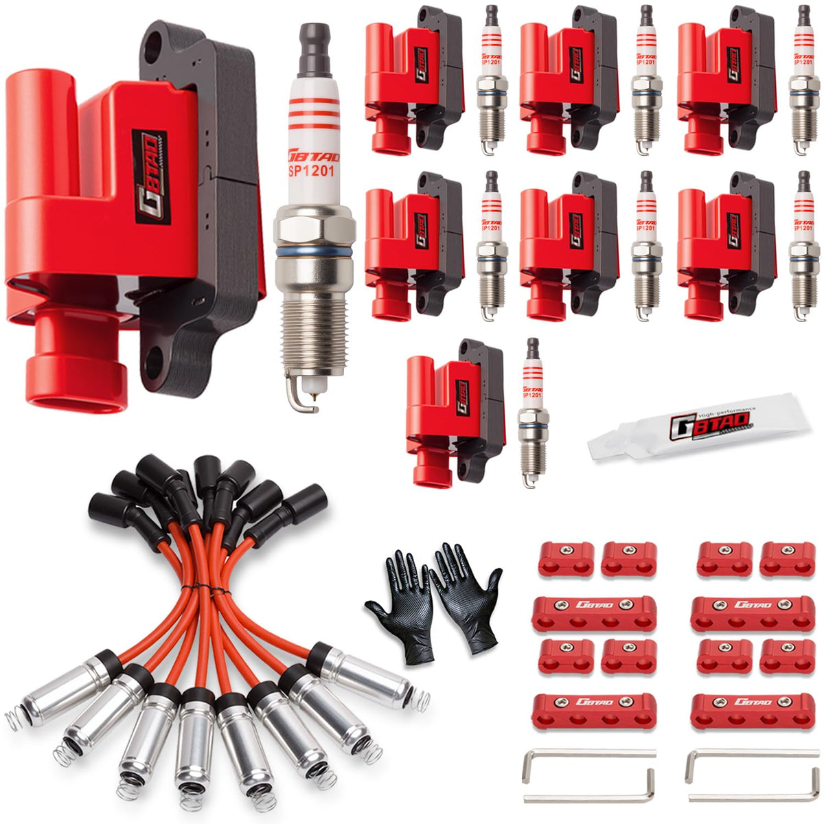 GBTAD front packaging showing full coil pack and harness kit, durable construction benefit