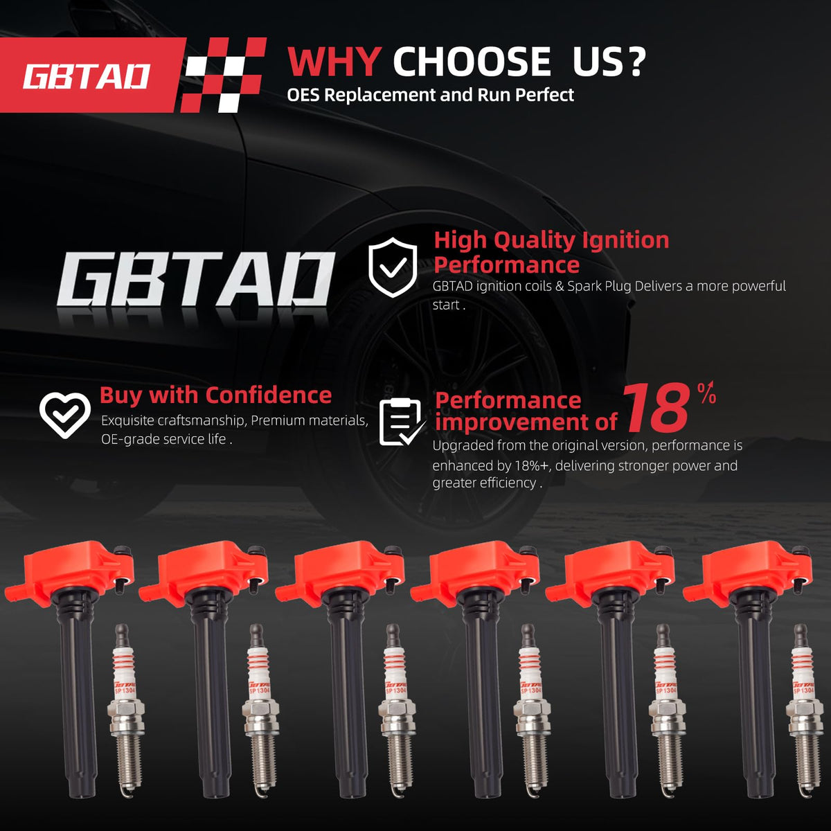GBTAD ignition coil close-up highlighting copper conductor and durable housing benefits