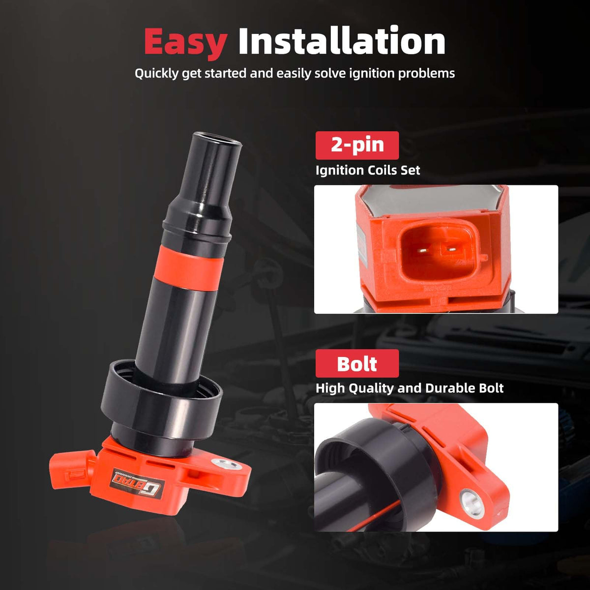 GBTAD coil pack and spark plug next to ruler showing compact size for easy replacement