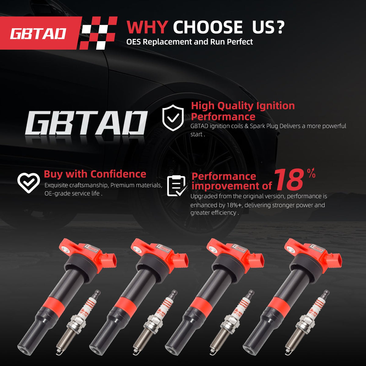 GBTAD iridium spark plug detail showing fine electrode for longer life and consistent spark