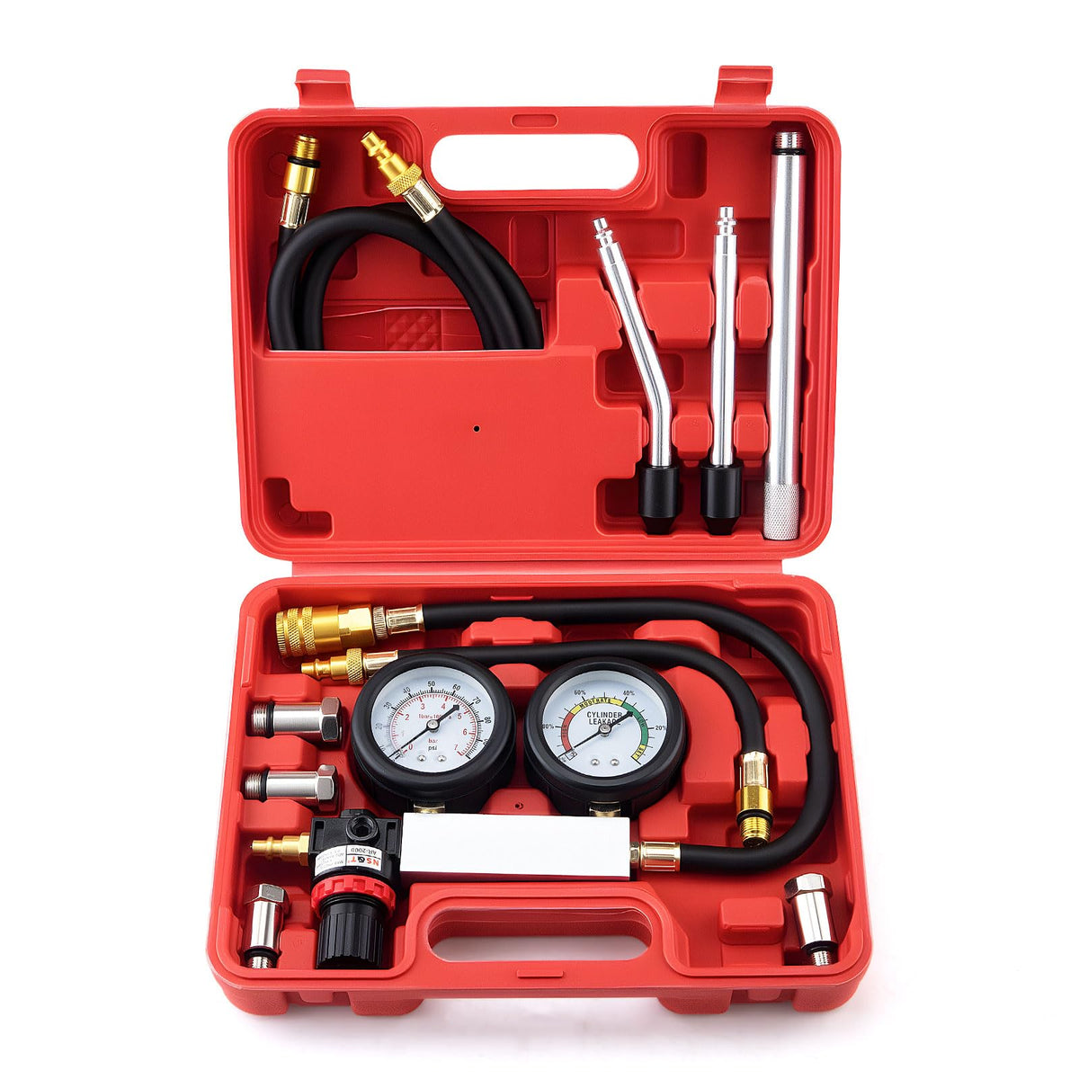 GDLIN front view of complete leak down tester kit showing components and portability benefit
