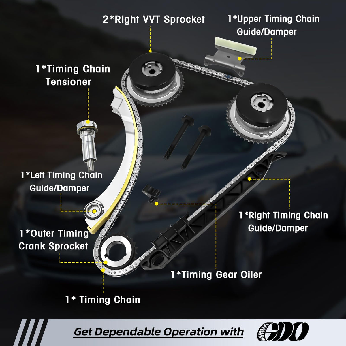 GDO timing chain guides and tensioner arranged to show included parts