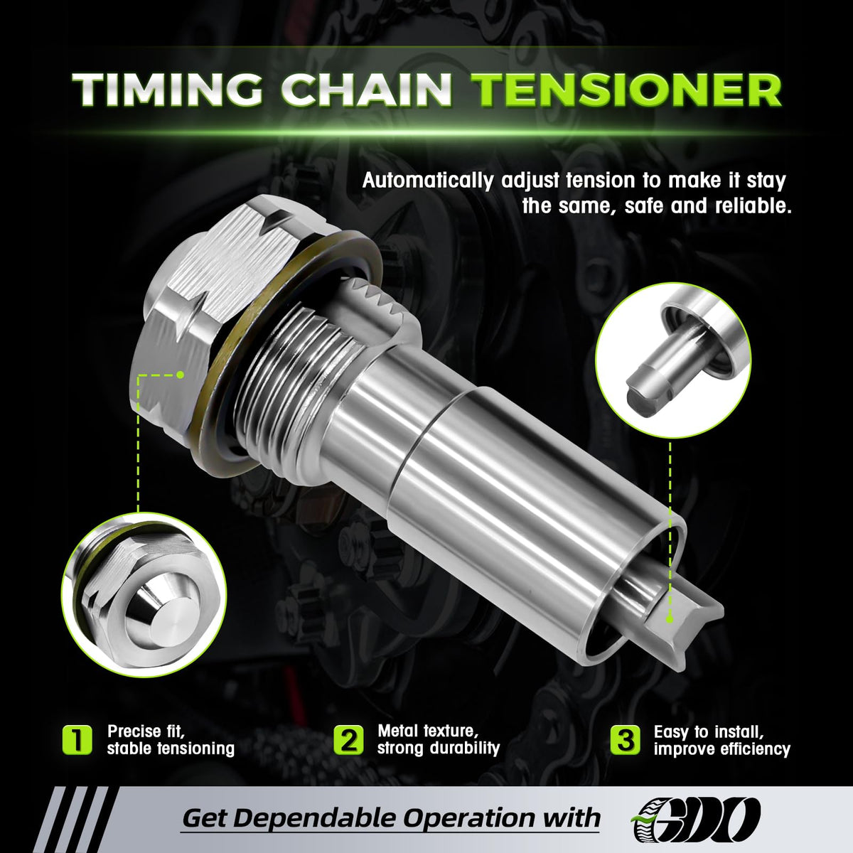 GDO installed tensioner in engine bay illustrating proper placement and improved timing stability