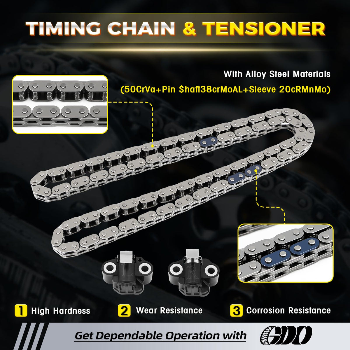 GDO hydraulic tensioner detail illustrating restored chain tension and reliability