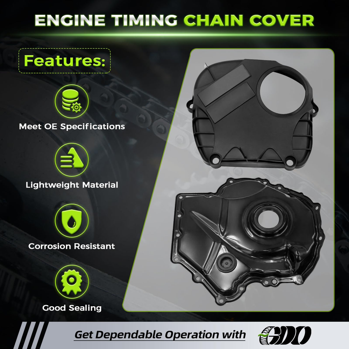 GDO upper timing cover fitment detail showing OEM-like alignment and sealing