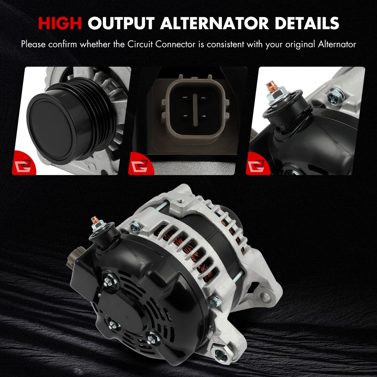 GDSMOTU alternator installed in engine bay demonstrating direct bolt-on replacement