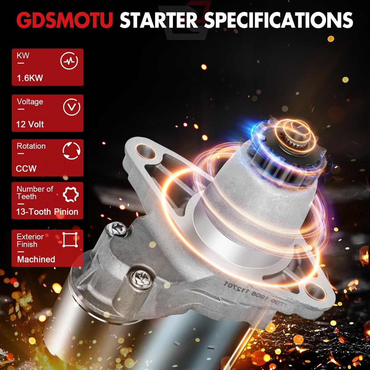 GDSMOTU starter angled view highlighting mounting flange and bolt locations for fitment
