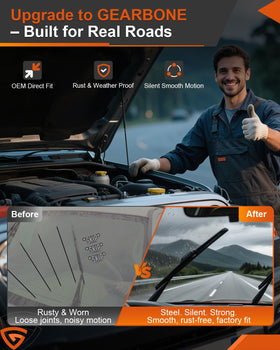 GEARBONE installed wipers clearing rain from windshield illustrating restored visibility