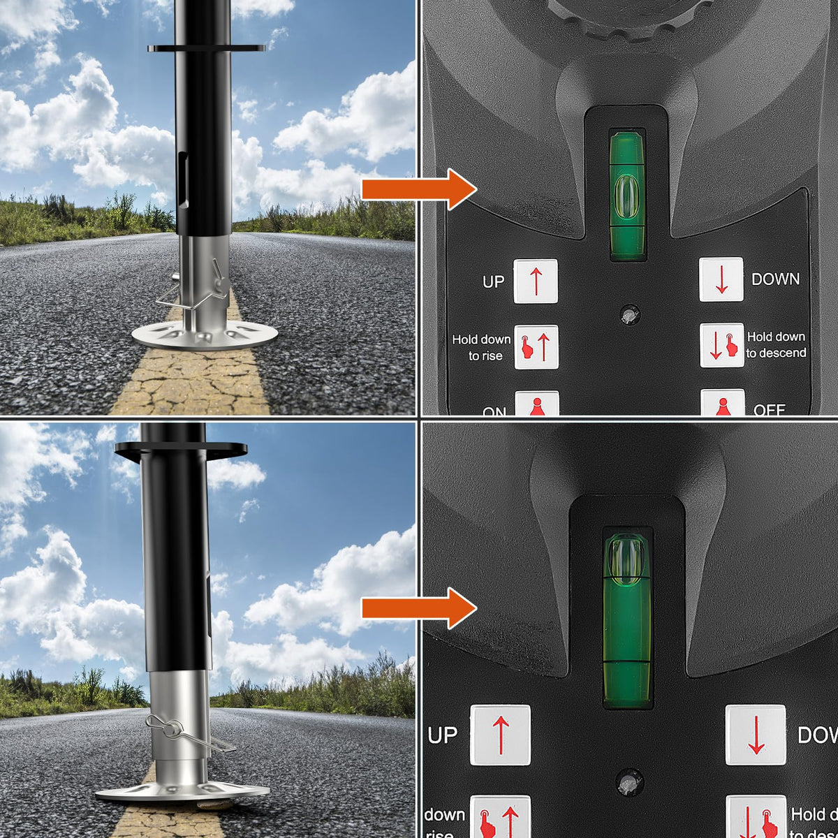 GEARCESS fully extended jack next to retracted position showing adjustable height benefit