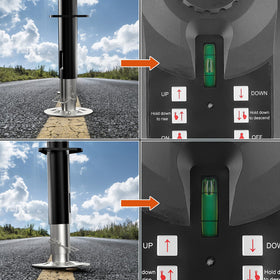 GEARCESS fully extended jack next to retracted position showing adjustable height benefit