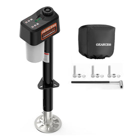 GEARCESS front view of electric trailer jack showing solid construction and clear benefits
