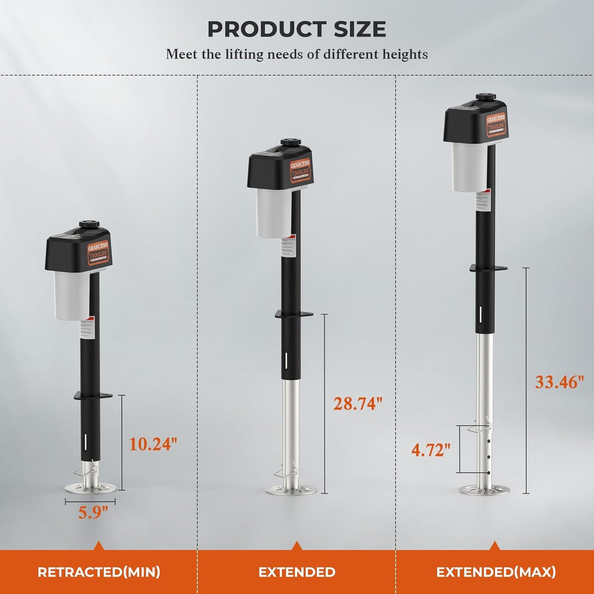 GEARCESS jack fully extended showing maximum 33.46 inch lift for taller trailers